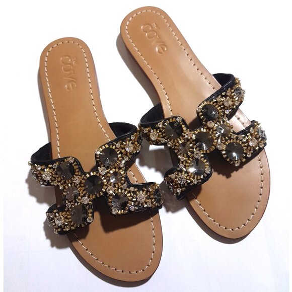 Swarovski Crystal & Rhinestone The Cove Bling  Slides sz 9 Brown Leather Multi - Picture 3 of 9